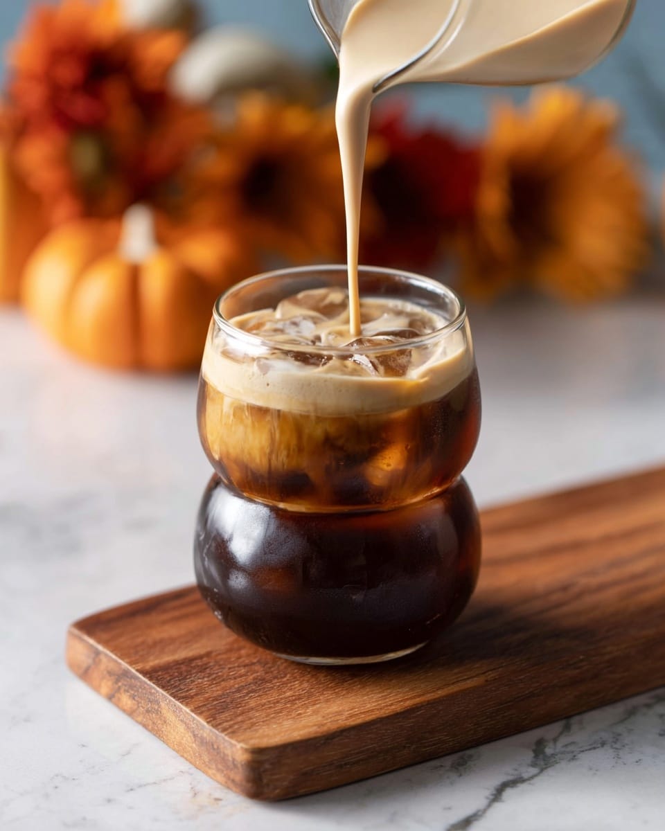 A glass with three rounded bulges is filled with dark cold coffee and visible ice cubes in the lower two-thirds, showing a mix of deep brown and amber colors; on top, a thick, light tan creamy layer is being poured smoothly, creating a contrast with the darker liquid below. The glass sits on a small wooden board placed on a white marbled texture. In the blurry background, round orange flowers and pumpkins add warm tones and a cozy feel. photo taken with an iphone --ar 4:5 --v 7