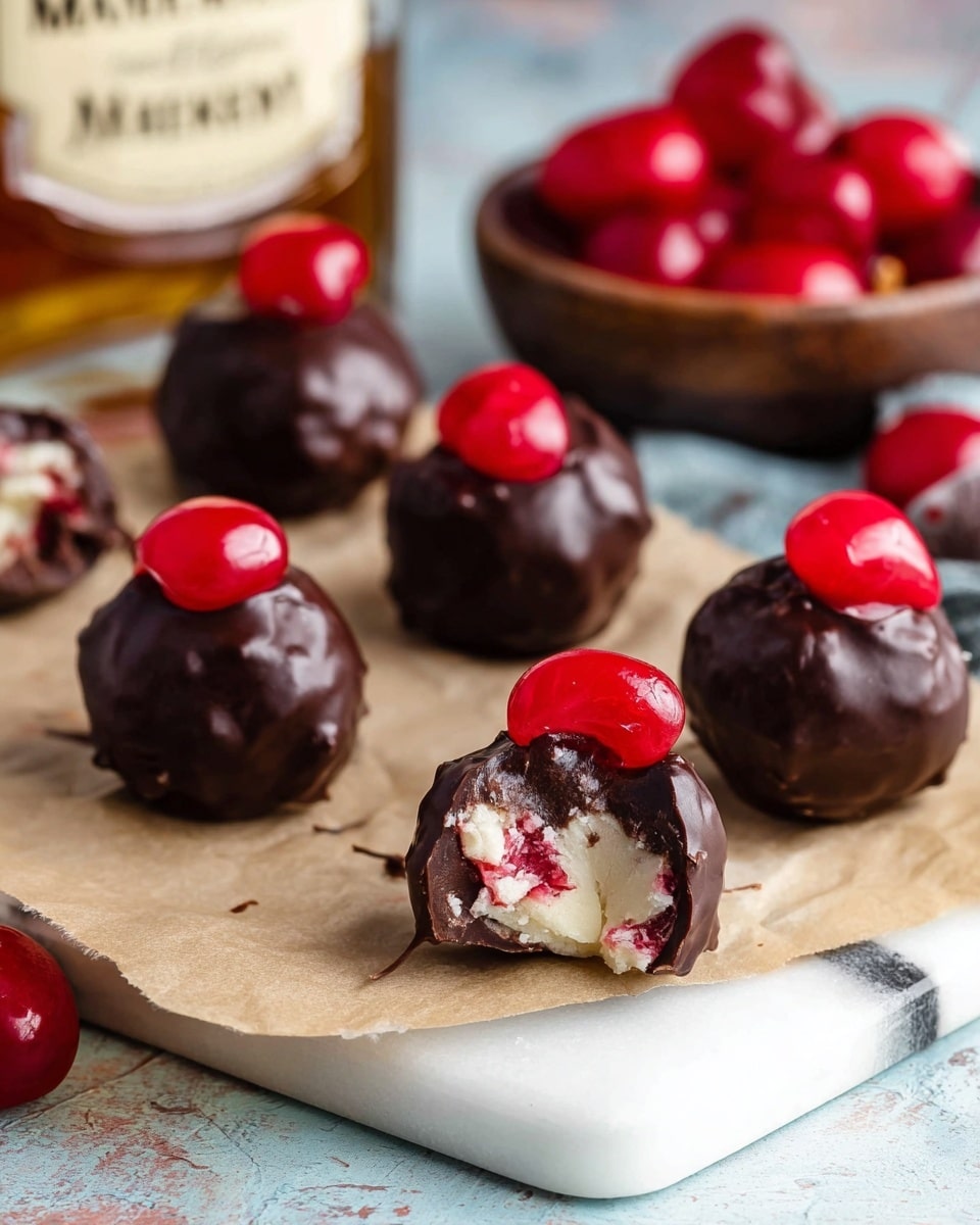The image shows small round chocolate balls on a white marbled surface, each coated in a shiny dark chocolate layer with a slightly rough texture. On top of each ball, there is a bright red cherry or cherry piece, adding a glossy, smooth contrast. One chocolate ball is bitten into, revealing a light, creamy white interior with bits of red cherry inside. In the background, a bowl of whole shiny red cherries and a blurry whiskey bottle can be seen. The balls are arranged on a piece of light brown parchment paper over a white marbled surface. Photo taken with an iphone --ar 4:5 --v 7