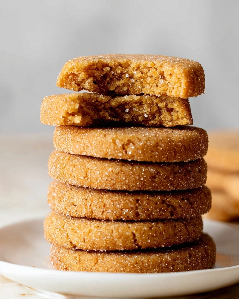 A close-up image shows a stack of six thick, round cookies on a white plate. The cookies have a golden-brown color, with a slightly crumbly texture visible inside the top two broken cookies. The outer edges are rough and coated with large sugar crystals, giving a sparkly texture. The white plate rests on a surface with a white marbled texture, and the background is softly blurred in a light gray tone. photo taken with an iphone --ar 4:5 --v 7
