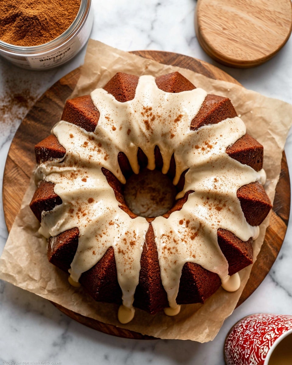 A round bundt cake with eight curved sections is shown from above, sitting on parchment paper on a wooden board. The cake is dark brown and has a thick, creamy white glaze drizzled unevenly over the top, filling the grooves and dripping slightly down the sides. The glaze has a smooth texture with a light dusting of brown powder, likely cinnamon, scattered across its surface. The background is a white marbled surface, and on the top left corner, there is an open container with brown powder inside and a wooden lid next to it. On the lower right side, there is part of a white cup with a red patterned sleeve visible. Photo taken with an iphone --ar 4:5 --v 7