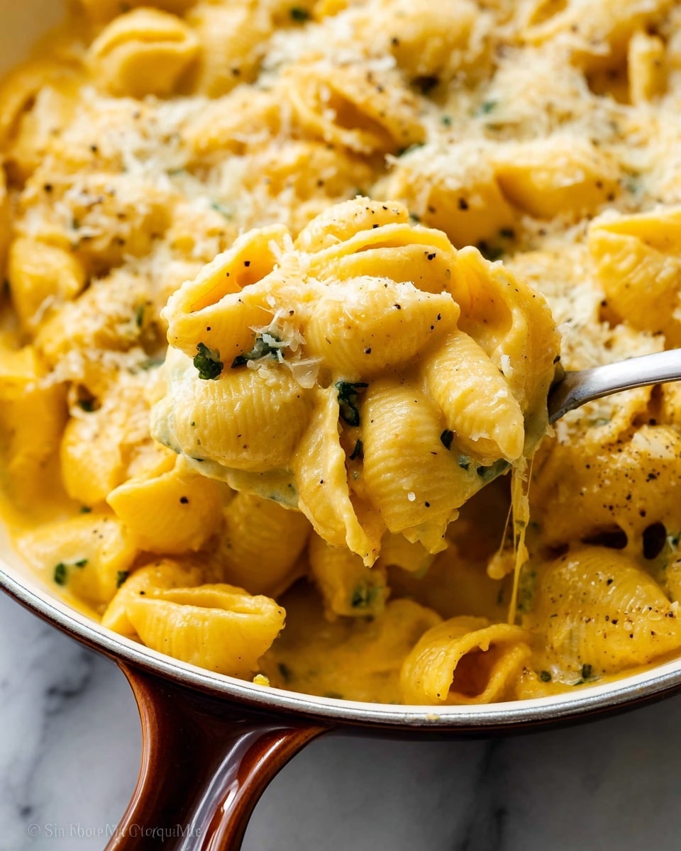 The image shows a close-up of creamy pasta made with shell-shaped noodles, covered in a thick, smooth cheese sauce that is golden yellow with specks of black pepper and green herbs mixed in. The pasta is scooped from a white skillet with a rich brown handle, and the sauce clings to each shell, making the dish look very rich and cheesy. Some melted cheese bits and grated cheese pieces are visible on top, adding texture. The background is a white marbled surface. Photo taken with an iphone --ar 4:5 --v 7
