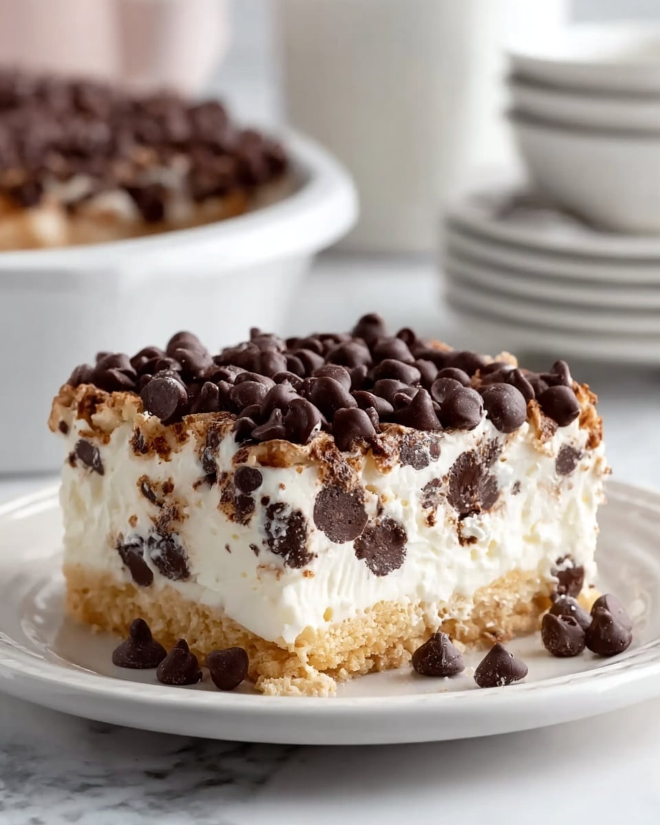 A close-up view of a three-layer dessert slice on a white plate with a white marbled texture background; the bottom layer is a smooth, golden-brown crumb crust, the middle layer is thick, fluffy white cream filled with scattered dark chocolate chips, and the top layer is fully covered with a dense pile of glossy dark chocolate chips; in the background, a white bowl filled with a similar dessert and stacked white cups are softly blurred. Photo taken with an iphone --ar 4:5 --v 7