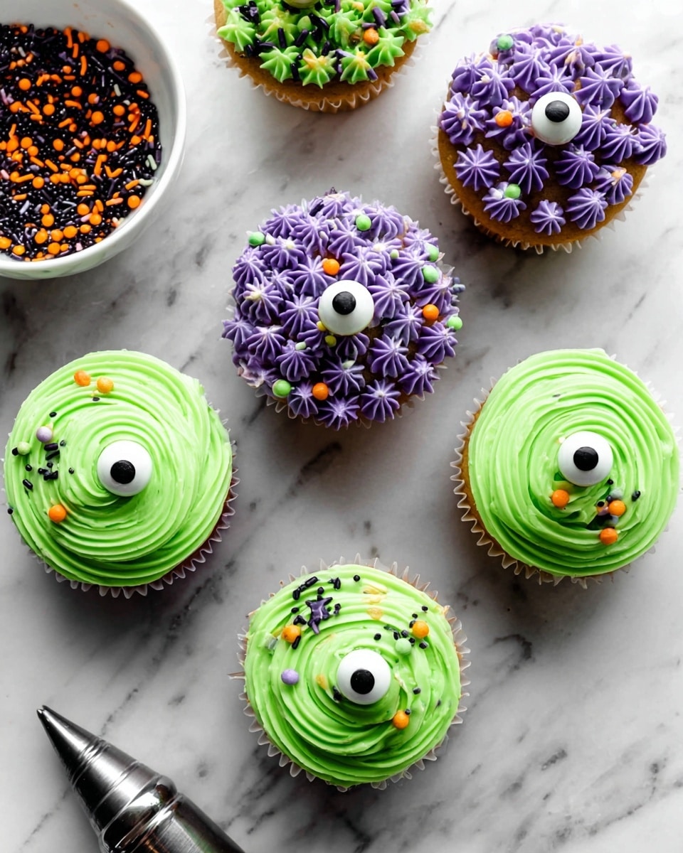 There are six cupcakes on a white marbled surface, decorated in two styles. Three cupcakes have smooth, green frosting swirled in a spiral pattern, topped with a single large candy eye in the center. The other three cupcakes are covered in small, purple frosting stars with scattered candy eyes and tiny colorful sprinkles in orange, black, and green. A white bowl with orange, black, green, and purple sprinkles is partially visible in the upper left corner. A piping bag with a metal tip is at the bottom right corner. Photo taken with an iphone --ar 4:5 --v 7