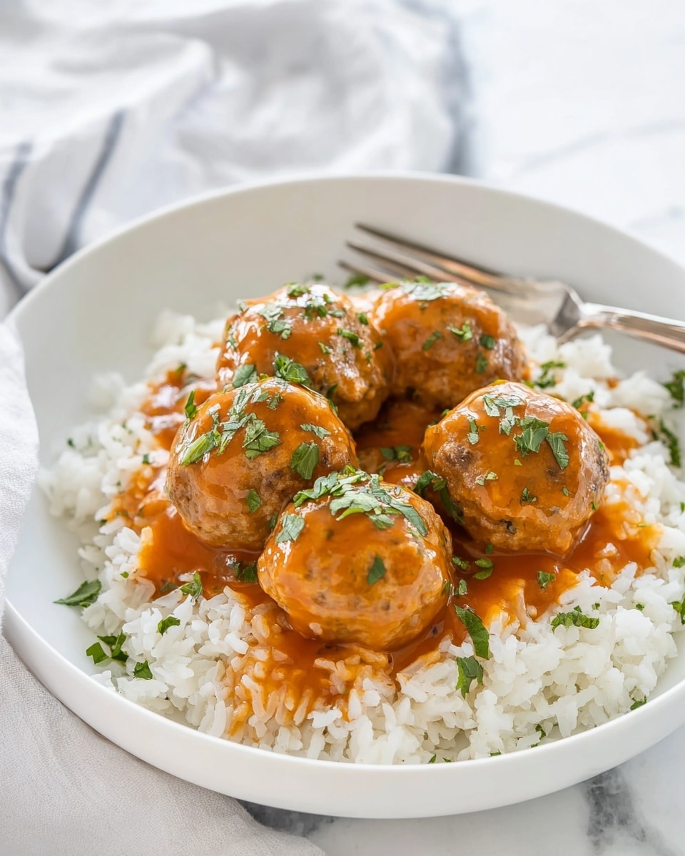 A white plate filled with a base layer of fluffy white rice, topped by five round meatballs covered in a shiny orange-brown sauce. The meatballs are sprinkled with small pieces of fresh green herbs. Behind the food, a silver fork rests on the edge of the plate. The setting is on a white marbled surface with a soft, bright background. photo taken with an iphone --ar 4:5 --v 7