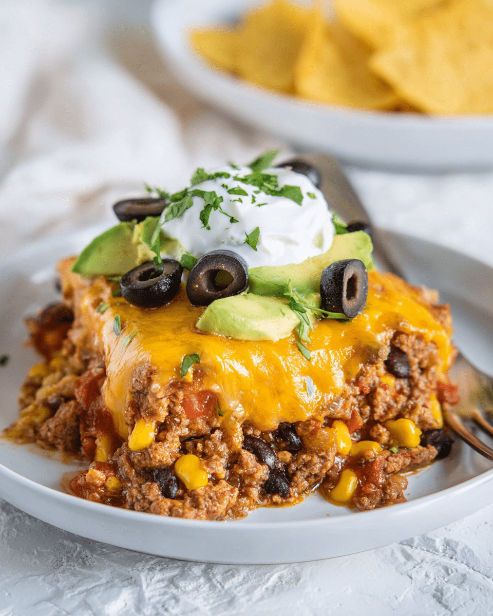 The dish is a layered casserole served on a white plate with a white marbled texture in the background. The bottom layer is a mix of ground meat, black beans, corn, and diced tomatoes, which looks juicy and crumbly with a brown and yellow color mix. On top of this is a melted bright orange cheddar cheese layer that drapes over the meat mixture. Above the cheese, there are sliced black olives and chunks of light green avocado scattered around. The very top has a dollop of white sour cream sprinkled with small green cilantro pieces. A silver fork is placed behind the casserole, and some yellow tortilla chips are blurred in the background. photo taken with an iphone --ar 4:5 --v 7