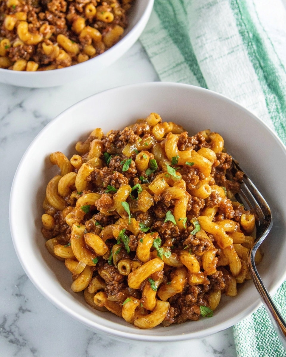 The dish is a white bowl filled with one main layer of elbow macaroni pasta mixed evenly with browned ground beef. The macaroni is coated with a glossy, reddish-brown sauce that gives a savory, slightly oily texture. Small bits of translucent cooked onions are scattered through the mix, adding texture. Light green chopped herbs are sprinkled on top, providing a fresh contrast to the warm colors of the pasta and beef. A silver fork rests in the bowl on the right side. The bowl sits on a white marbled surface with a hint of a green and white cloth visible in the background. photo taken with an iphone --ar 4:5 --v 7