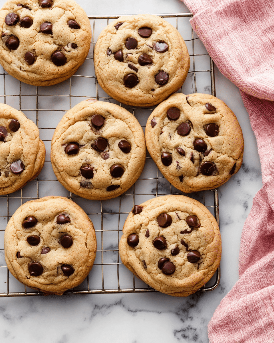 The image shows six round chocolate chip cookies cooling on a silver wire rack placed on a white marbled surface. Each cookie is golden brown with a soft, slightly crinkled texture, filled with dark chocolate chips scattered on the top and within. The cookies are spaced evenly, showing slightly raised edges and a chewy center. In the top right corner, there is a folded pink cloth adding a soft contrast to the scene. The overall look is warm and inviting, emphasizing the fresh and homemade feel of the cookies. photo taken with an iphone --ar 4:5 --v 7