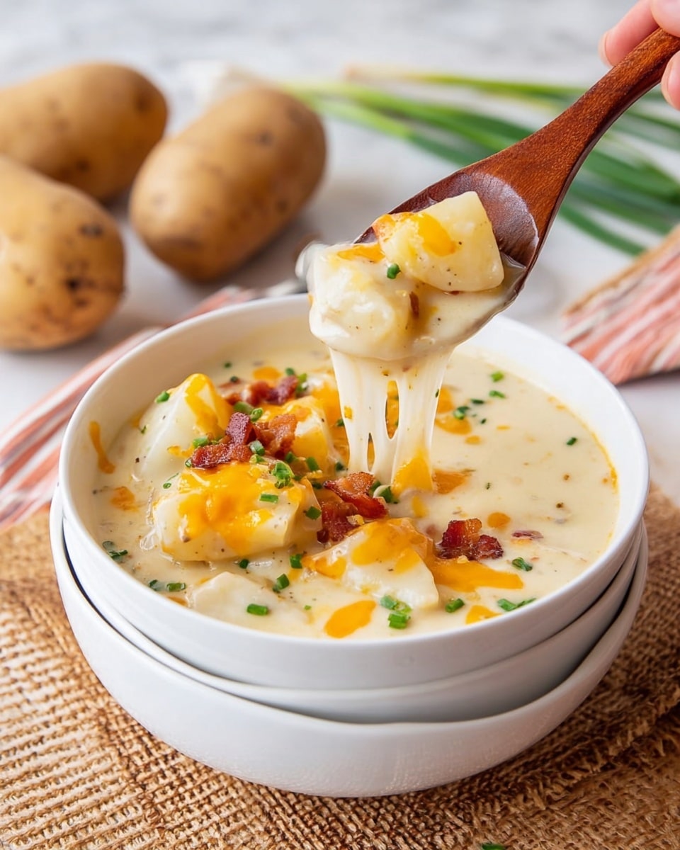A white bowl filled with creamy potato soup, showing large pale yellow potato chunks topped with melted orange cheese, small bits of red bacon, and green chopped chives. The soup has a thick, smooth texture with cheese stretching as it is lifted by a wooden spoon held by a woman's hand. The bowl sits on top of another empty white bowl, all placed on a light woven mat with two whole potatoes blurred in the background on a white marbled surface. Photo taken with an iphone --ar 4:5 --v 7