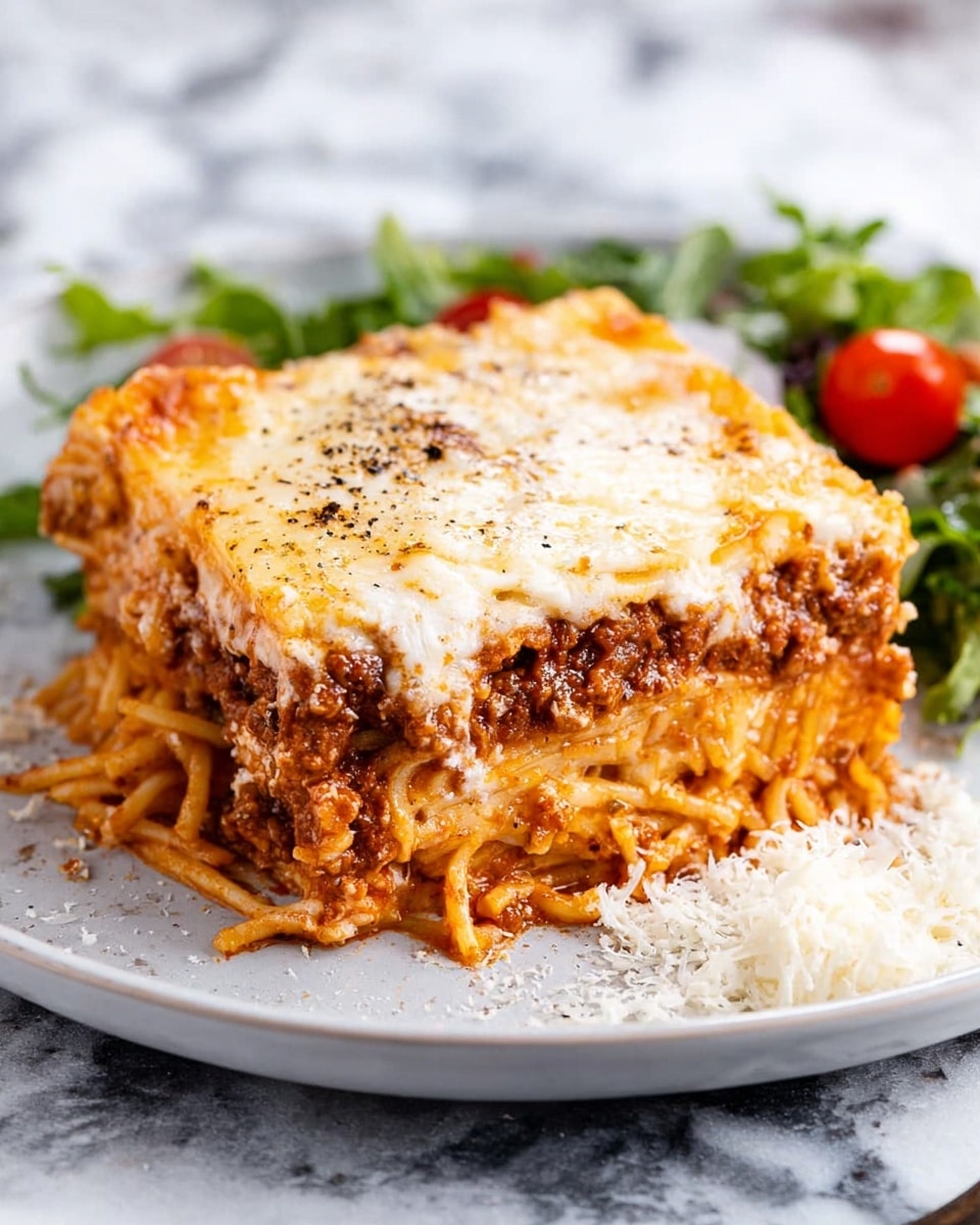 A thick square slice of baked spaghetti lasagna, showing multiple layers: the top layer is a golden, melted cheese with some black pepper sprinkled, below it is a rich reddish-brown meat sauce layer, followed by a dense middle of baked spaghetti noodles mixed with creamy white cheese, and the base layer consists of noodles and cheese that look soft and slightly browned at the edges. The lasagna sits on a white plate with some grated white cheese scattered around, and to the right, some fresh green salad leaves with small red cherry tomatoes are partially visible. The surface beneath the plate is a white marbled texture. Photo taken with an iphone --ar 4:5 --v 7
