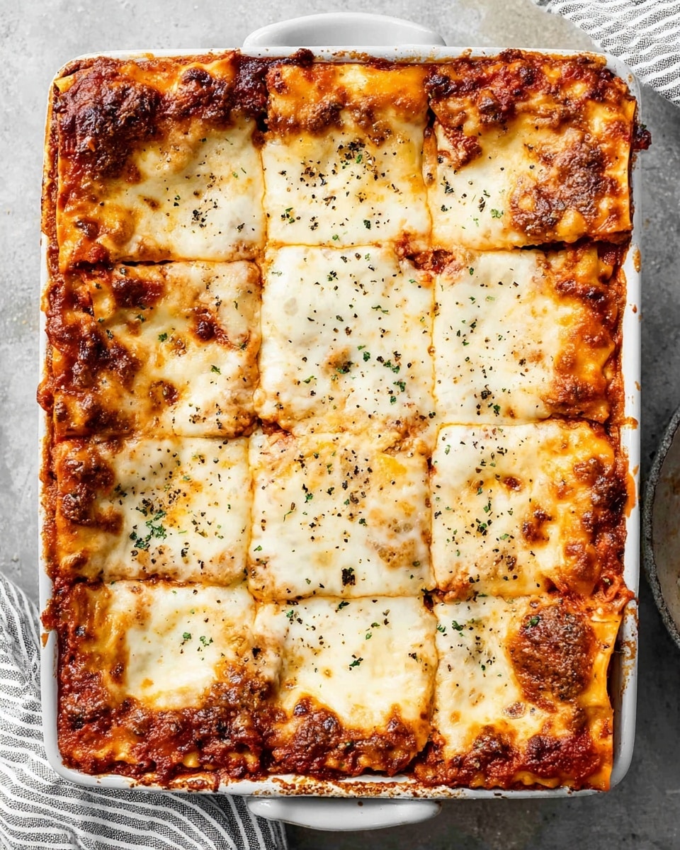 A white rectangular baking dish filled with a baked lasagna cut into nine even square pieces. The top layer is golden melted cheese with some brown spots mostly on the edges and sprinkled with black pepper. The edges show some slightly browned, bubbly crust with hints of tomato sauce underneath. The dish sits on a light gray surface, and part of a striped cloth is visible to the side. photo taken with an iphone --ar 4:5 --v 7