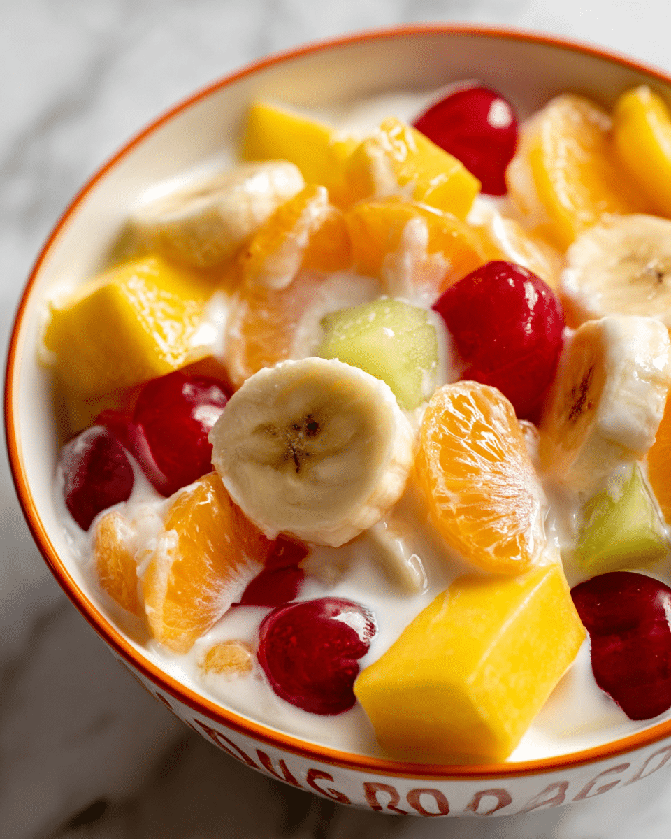A close-up view of a fresh fruit salad in a white bowl with an orange rim, filled to the top with colorful fruit pieces mixed with creamy white yogurt. Visible layers include bright red cherry halves scattered throughout the dish, slices of light yellow bananas with a soft texture, juicy orange segments, pale green melon cubes, and vibrant yellow mango chunks, all coated lightly with the smooth yogurt. The background shows a blurred, soft white marbled texture surface. photo taken with an iphone --ar 4:5 --v 7