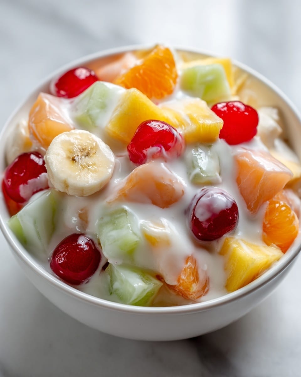 A close-up view of a white bowl filled with a colorful fruit salad covered in thick, creamy white dressing. The salad layers consist of round slices of yellow banana, green cubes of honeydew melon, orange chunks of cantaloupe, bright red cherries, and yellow pineapple pieces, all mixed together and coated with the creamy texture evenly spread over the fruit. The bowl sits on a white marbled surface with soft lighting highlighting the glossy texture of the cherries and the juicy appearance of the other fruits. photo taken with an iphone --ar 4:5 --v 7