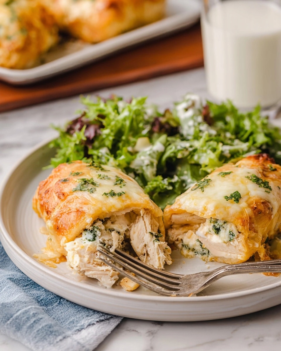 Two golden baked chicken rolls topped with melted white cheese with green herb sprinkles sit on a white plate. One roll is cut open, showing a flaky white chicken filling inside. Next to the rolls is a fresh green salad with leafy greens and light creamy dressing. A silver fork with a piece of chicken roll is resting on the plate. The background is a white marbled texture with a glass of milk partially visible. Photo taken with an iphone --ar 4:5 --v 7