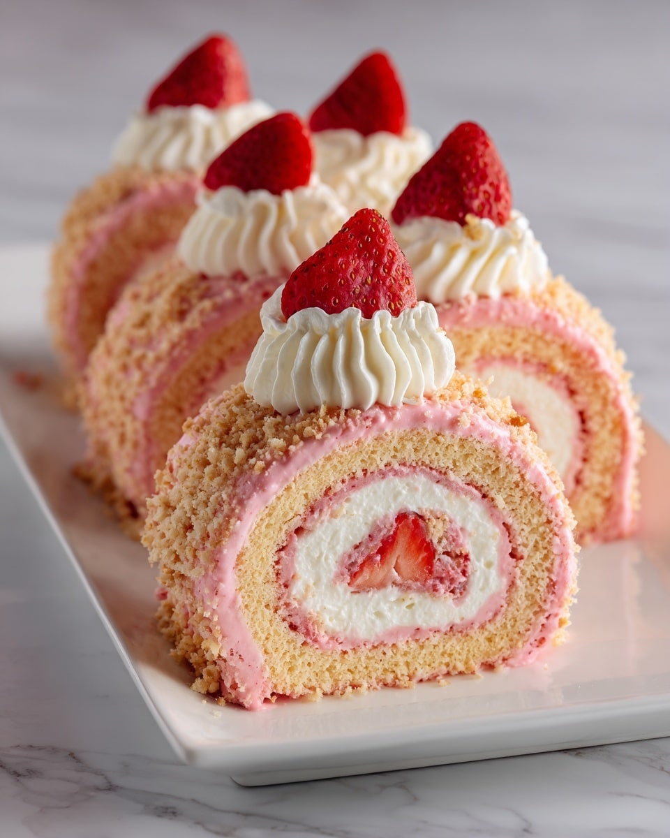 The image shows a row of pink strawberry Swiss roll slices arranged on a long white rectangular plate placed on a white marbled surface. Each slice has three visible layers: the outer pink cake layer, a thick white creamy filling in the center, and a thin pink glaze coating the outside. The sides of the rolls are coated with crushed beige crumbs. On top of each slice, there is a swirl of white cream topped with a red, halved strawberry piece. Photo taken with an iphone --ar 4:5 --v 7