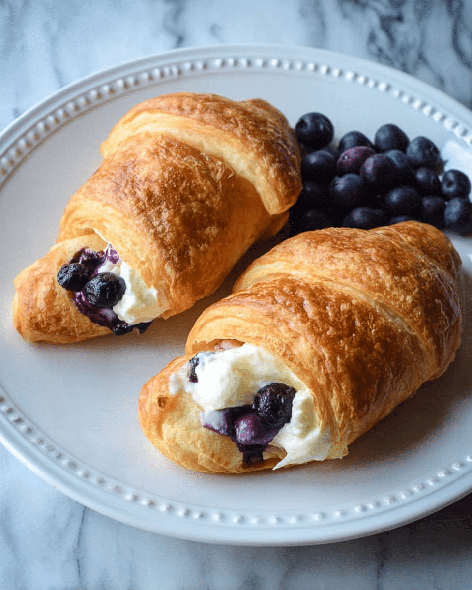 Two golden brown croissants filled with creamy white filling and dark purple blueberries peeking out from the ends sit on a white plate with small raised dots near the edge. To the side of the croissants, there is a small cluster of dark purple blueberries. The plate rests on a white marbled surface. photo taken with an iphone --ar 4:5 --v 7