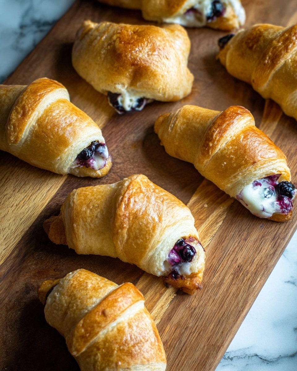 The image shows six golden brown crescent rolls on a wooden board with a warm, slightly shiny baked crust. Each roll is shaped in a crescent form with visible layers of soft, flaky dough wrapped around a creamy white cheese filling mixed with dark purple blueberries peeking out from both ends. The wooden board has a smooth texture with light scratches and natural wood grain lines. The close-up view captures the different sizes and shapes of the crescent rolls, emphasizing their homemade look. The background is a white marbled texture. photo taken with an iphone --ar 4:5 --v 7