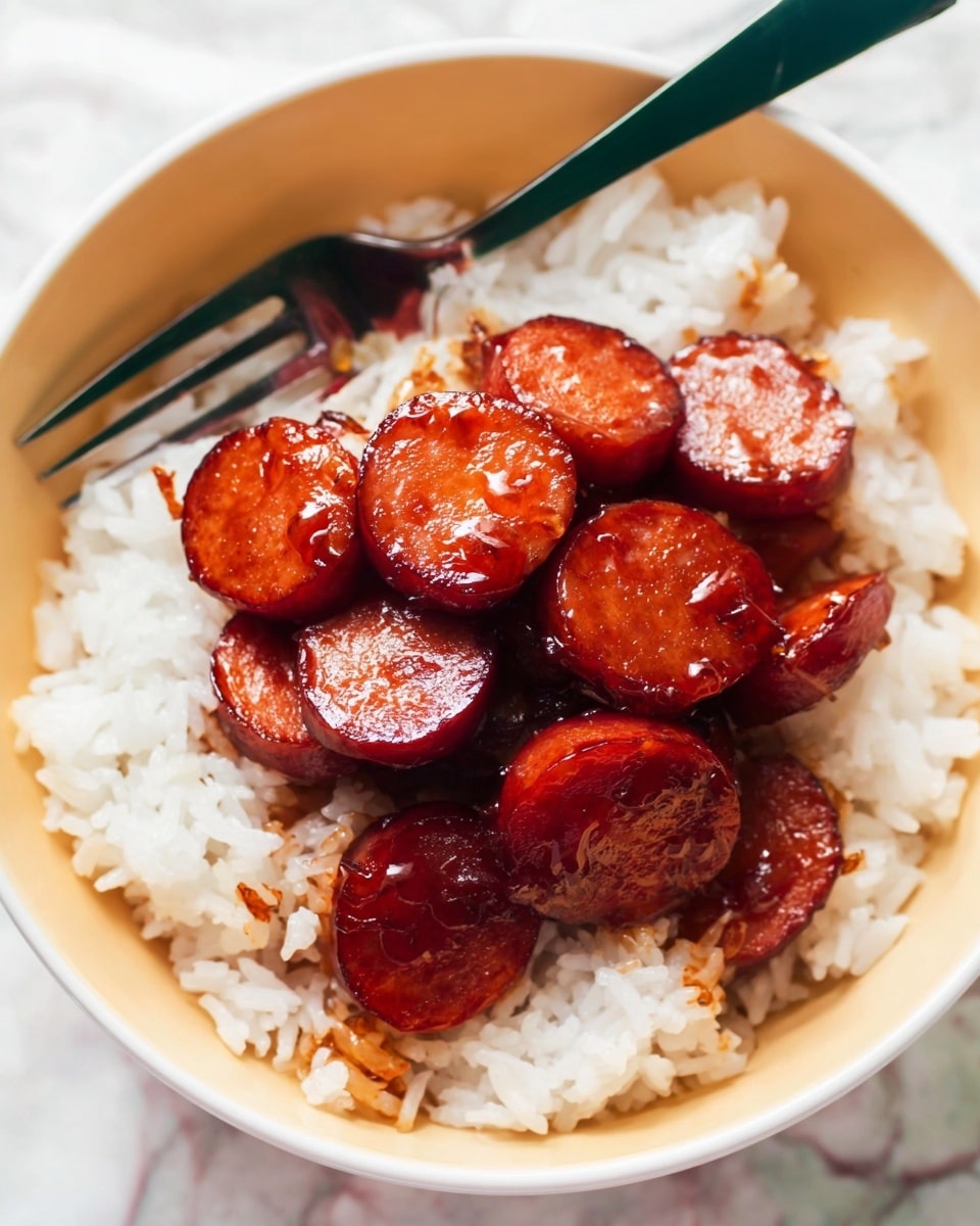 A white bowl filled with a layer of soft, fluffy white rice at the bottom, topped with several slices of shiny, glazed sausage cut into thick rounds with a reddish-brown color and a slightly caramelized texture. The sausages are piled in the center, showing some glistening sauce that makes them look juicy and tasty. Resting on the edge of the bowl is a dark green fork angled diagonally across the food. The scene is set on a white marbled surface. photo taken with an iphone --ar 4:5 --v 7