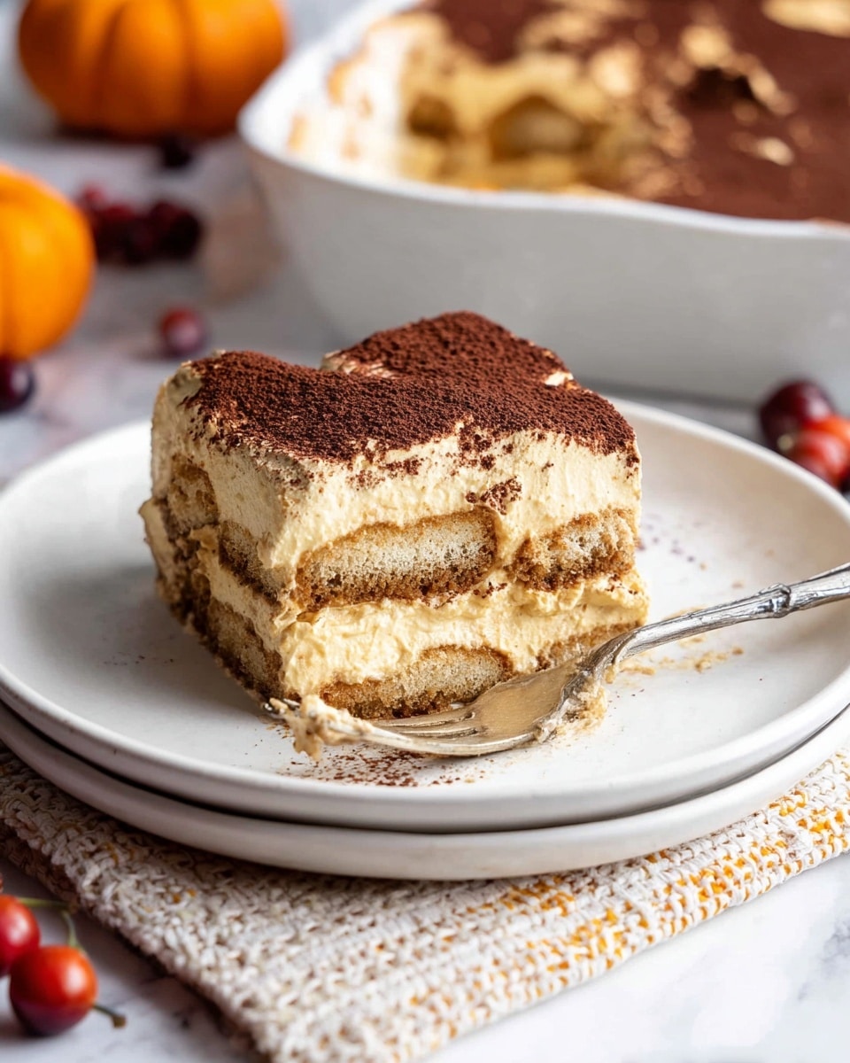 A square slice of layered tiramisu on a white plate, showing visible layers: a dark cocoa powder dusted top, a thick creamy beige mascarpone layer with a soft texture in the middle, and a bottom layer of coffee-soaked brown sponge cake. A silver fork with creamy residue rests on the plate partially touching the tiramisu. In the background, part of a white baking dish filled with tiramisu and a small orange pumpkin are visible, all set on a white marbled surface with a cream-colored woven cloth underneath. Small cranberry-like orange and red berries are near the plate. Photo taken with an iphone --ar 4:5 --v 7