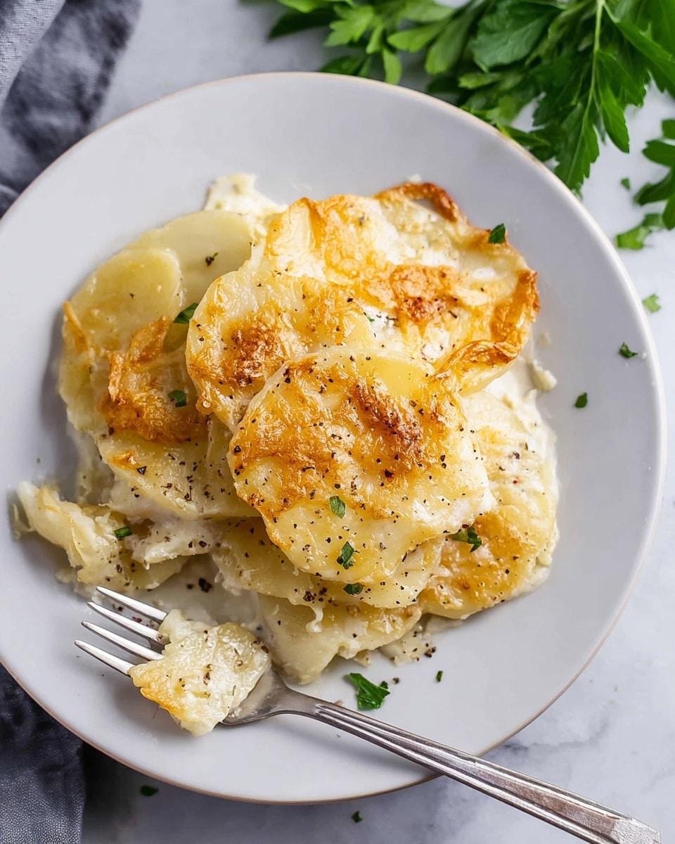 A white plate holds a serving of scalloped potatoes with three visible layers: the bottom layer is made of creamy off-white thin potato slices, the middle layer has more creamy potatoes sprinkled with black pepper, and the top layer is golden brown melted cheese with some crispy edges. A silver fork rests on the right side of the plate, partially touching the dish. The plate sits on a white marbled surface with some green parsley leaves in the top right corner. photo taken with an iphone --ar 4:5 --v 7