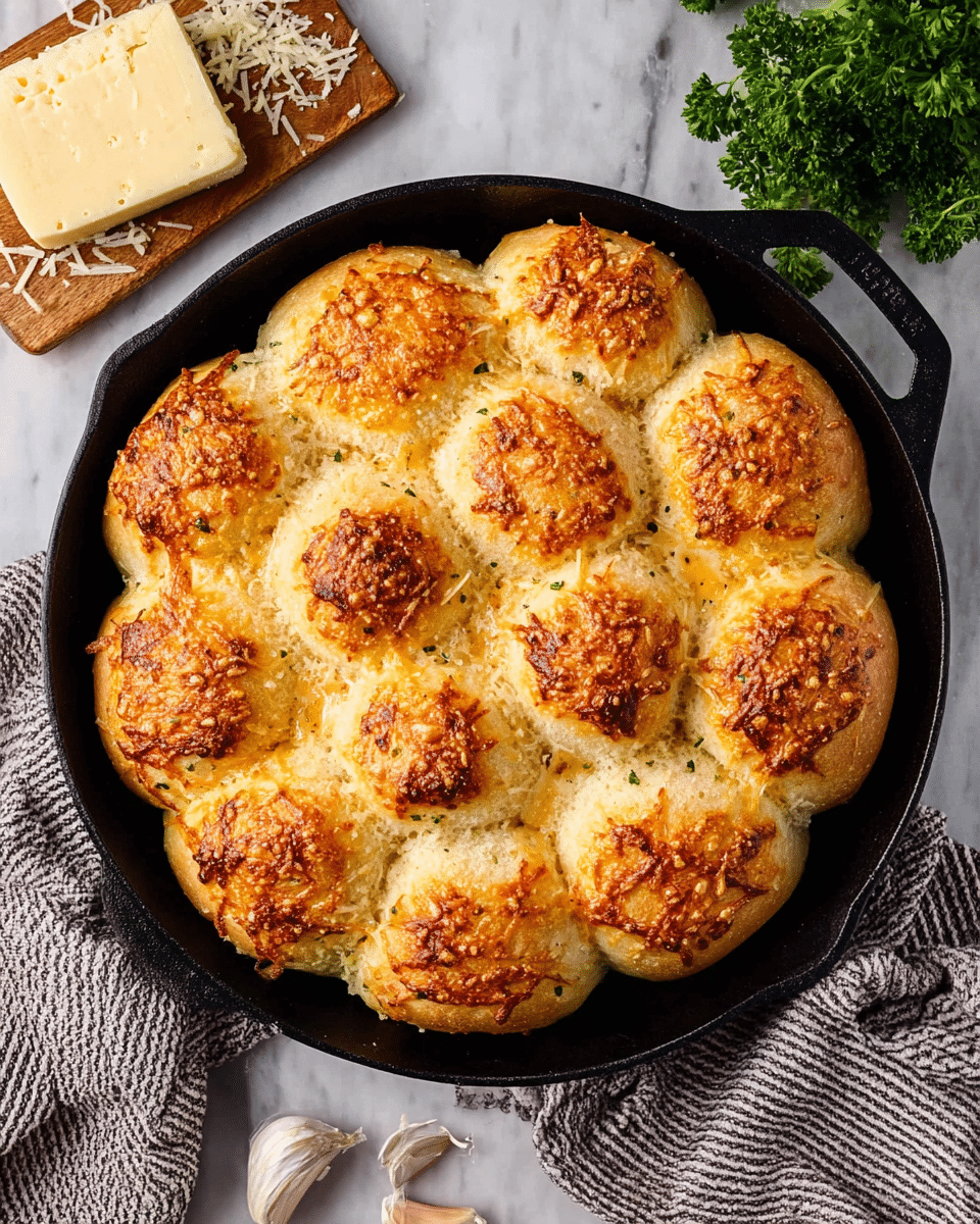 A round cast iron pan holds twelve soft, golden brown bread rolls, arranged in a close circular pattern. Each roll has a light bubbly texture with a slightly toasted top, sprinkled with melted cheese that is browned in spots, giving a crispy look. The rolls are touching each other, showing soft edges with some cheese melted between them, creating a warm, fresh-baked appearance. The pan sits on a white marbled surface with a block of grated cheese and fresh green parsley nearby, along with garlic cloves and a striped cloth. Photo taken with an iphone --ar 4:5 --v 7