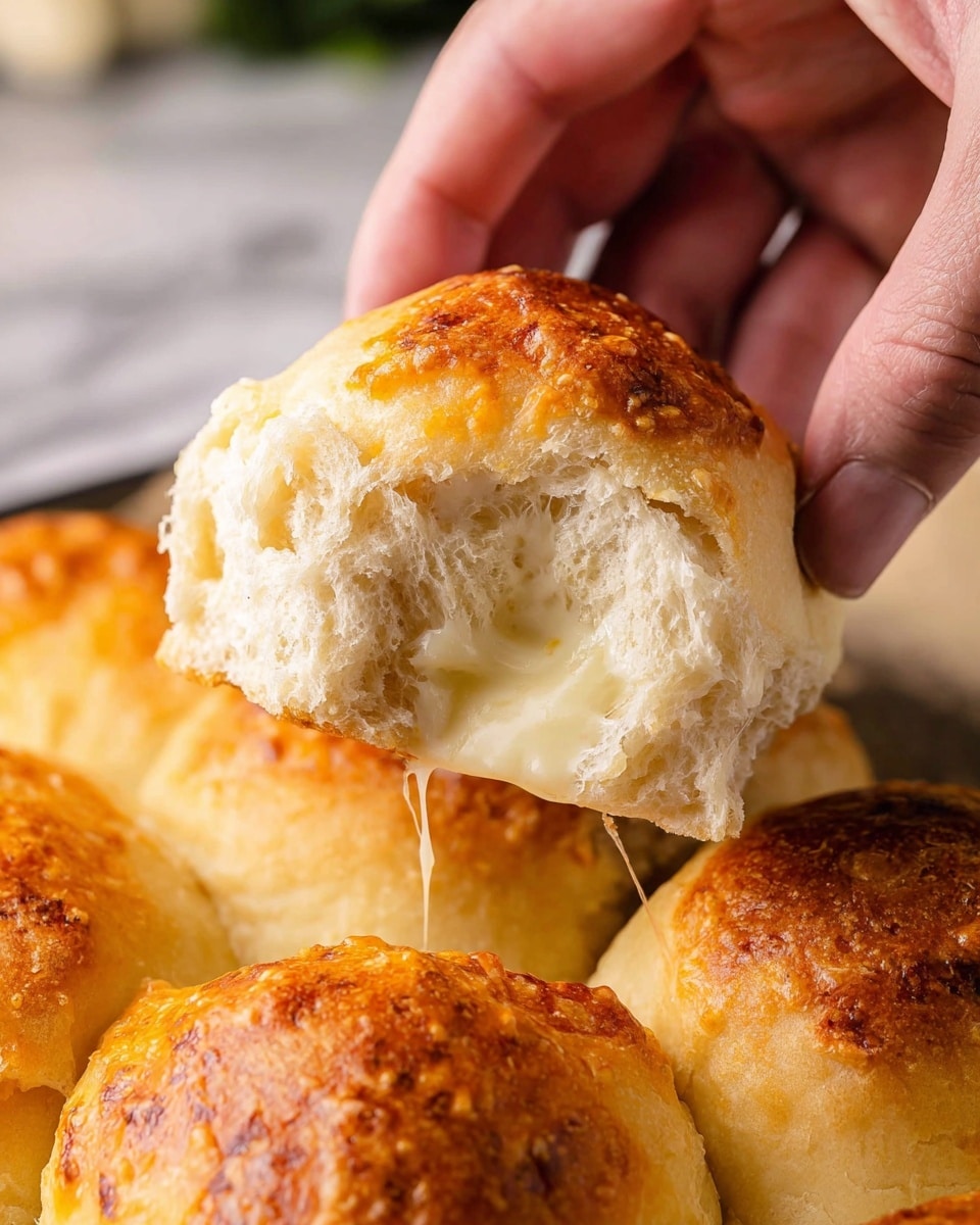 A close-up view shows a woman's hand pulling apart a golden-brown, soft bread roll with a fluffy, light beige inside. The bread has a slightly crispy, shiny top with hints of orange from baking. Inside, there is a smooth, white melted cheese layer with a creamy texture visible as the bread is torn. In the blurred background, several similar bread rolls with browned tops rest together, all on a white marbled surface. Photo taken with an iphone --ar 4:5 --v 7