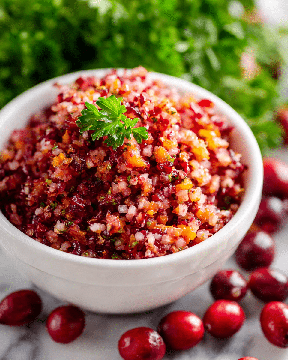 A close-up view of a small white bowl filled with finely chopped cranberry relish showing red, orange, and pink pieces mixed together, garnished with a small green parsley leaf on top. The bowl sits on a white marbled surface, surrounded by whole red cranberries scattered around it, with fresh green parsley leaves blurred in the background. The relish looks moist and textured with a mix of small, colorful bits. photo taken with an iphone --ar 4:5 --v 7