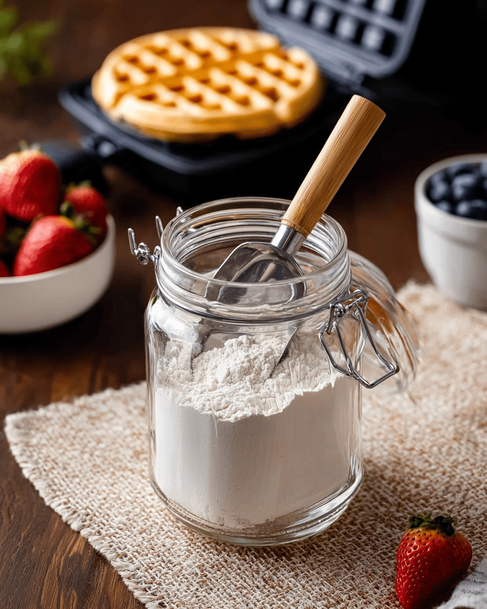 A clear glass jar filled with white flour, with a wooden-handled metal scoop sitting inside. The jar is placed on a woven beige mat over a dark wooden table. In the background, there is a waffle maker with one golden yellow waffle visible inside. Nearby on the left, there are fresh red strawberries and a small white bowl filled with blueberries. The close of the jar is flipped open to the right side. photo taken with an iphone --ar 4:5 --v 7
