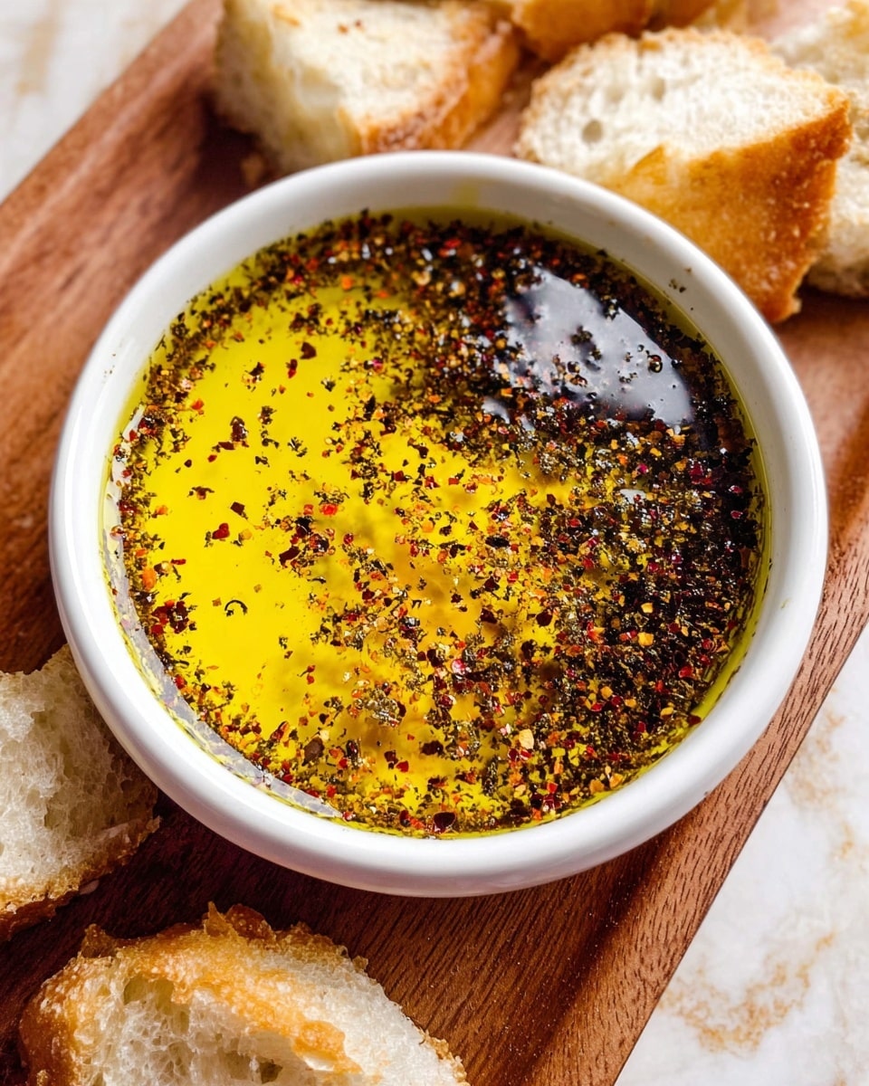 A close-up image shows a woman's hand holding a piece of toasted bread dipped in a white bowl filled with dark olive oil mixed with herbs and spices. The bread is golden with a crunchy texture, and a drop of the dark oily mixture is hanging from it. The bowl sits on a wooden surface with blurred pieces of bread in the background, and the overall scene is set against a white marbled texture. photo taken with an iphone --ar 4:5 --v 7