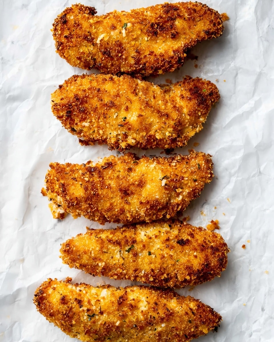 Five golden-brown breaded chicken tenders are arranged in a straight vertical line on a crinkled white paper. Each tender has a crunchy, uneven coating with hints of light to darker brown, showing a crispy texture with small bits of herbs visible in the breading. The pieces are plump, with some parts slightly darker, indicating a well-cooked crust. The background is a white marbled surface. photo taken with an iphone --ar 4:5 --v 7