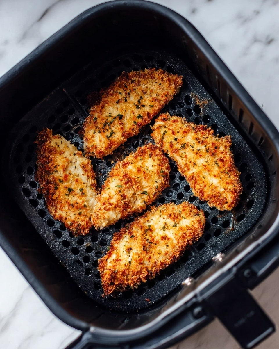 Four pieces of golden brown breaded chicken tenders sit inside a black air fryer basket with small holes on its surface. The chicken tenders have a crispy texture with some green herbs visible in the breading. The air fryer basket is open, showing the crispy chicken clearly against the dark, perforated surface. The background is a white marbled texture. photo taken with an iphone --ar 4:5 --v 7