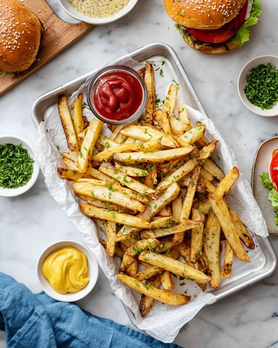 A white tray lined with white parchment paper holds a pile of golden-brown thick-cut fries sprinkled with chopped green herbs. On the tray, there are two small bowls, one with ketchup and the other with green herbs. Surrounding the tray on a white marbled texture surface, there are small white dishes: one with yellow mustard, one with a fresh burger containing a sesame seed bun, lettuce, tomato, and a beef patty, and another with green herbs. A blue cloth napkin is partially visible beside the tray. Photo taken with an iphone --ar 4:5 --v 7