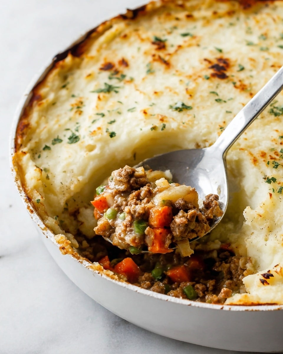 A white round dish holds a two-layer shepherd's pie, with the top layer of smooth, creamy mashed potatoes speckled with small green herbs and lightly browned edges, covering a bottom layer of cooked ground meat mixed with diced orange carrots and green peas, showing a rich, hearty texture. A large silver spoon is scooping out a portion, revealing the colorful filling underneath. The dish is set on a white marbled surface. photo taken with an iphone --ar 4:5 --v 7