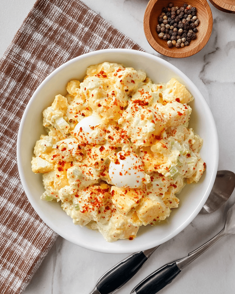 A white bowl filled with a creamy egg salad made of chopped boiled eggs, small pieces of light orange cheese, and bits of pale green celery. The salad has a smooth, slightly chunky texture with a pale yellow color from the dressing. The top is sprinkled with reddish paprika and black pepper flakes for color contrast. The bowl sits on a white marbled surface, with two spoons with black handles and silver tops next to a brown checkered cloth. A small wooden bowl with mixed peppercorns is at the upper right corner. Photo taken with an iphone --ar 4:5 --v 7