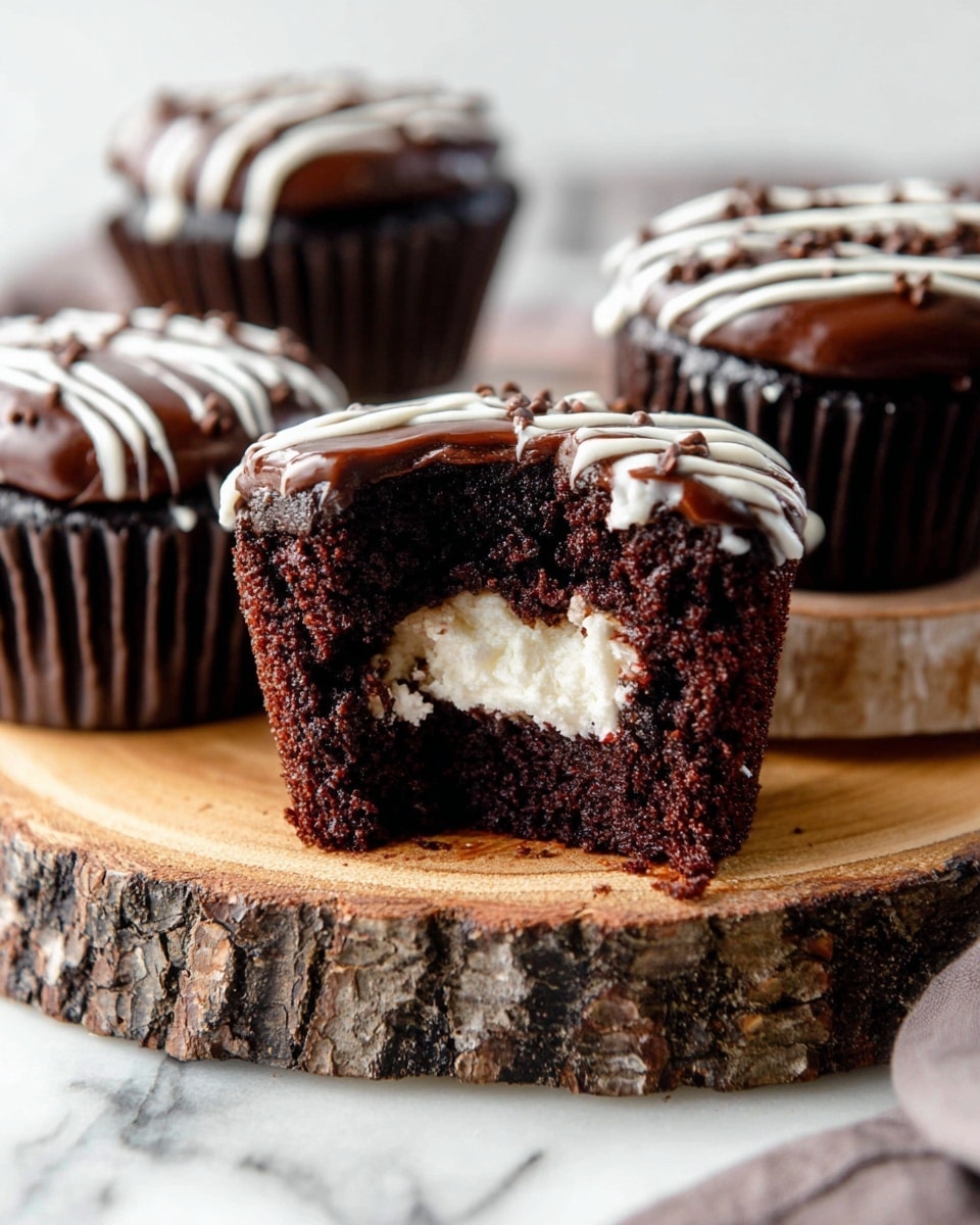 A close-up of four chocolate cupcakes on a round wooden stand with bark edges, set against a white marbled surface. The cupcake in front is cut open showing three layers: a dark, moist chocolate cake on the bottom and sides, a creamy white filling in the middle, and a thick, glossy dark chocolate frosting on top. A white icing decoration is drizzled over the frosting in a curved pattern. The other three cupcakes in the background are whole with the same frosting and white icing decoration. Photo taken with an iphone --ar 4:5 --v 7