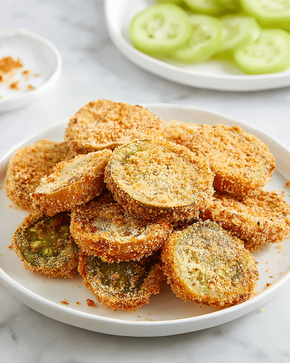 A white plate holds a stack of around ten fried green tomato slices arranged in a rough circular pile. Each tomato slice is coated in a golden-brown crumb crust that is crispy and slightly uneven, with specks of coarse breading visible. The tomato slices beneath the crust show a faint green tint, and a few crumbs are scattered around the plate edges. In the background, there is a blurry white plate with several fresh bright green tomato slices and a small white plate with some crumbs on a white marbled surface. photo taken with an iphone --ar 4:5 --v 7