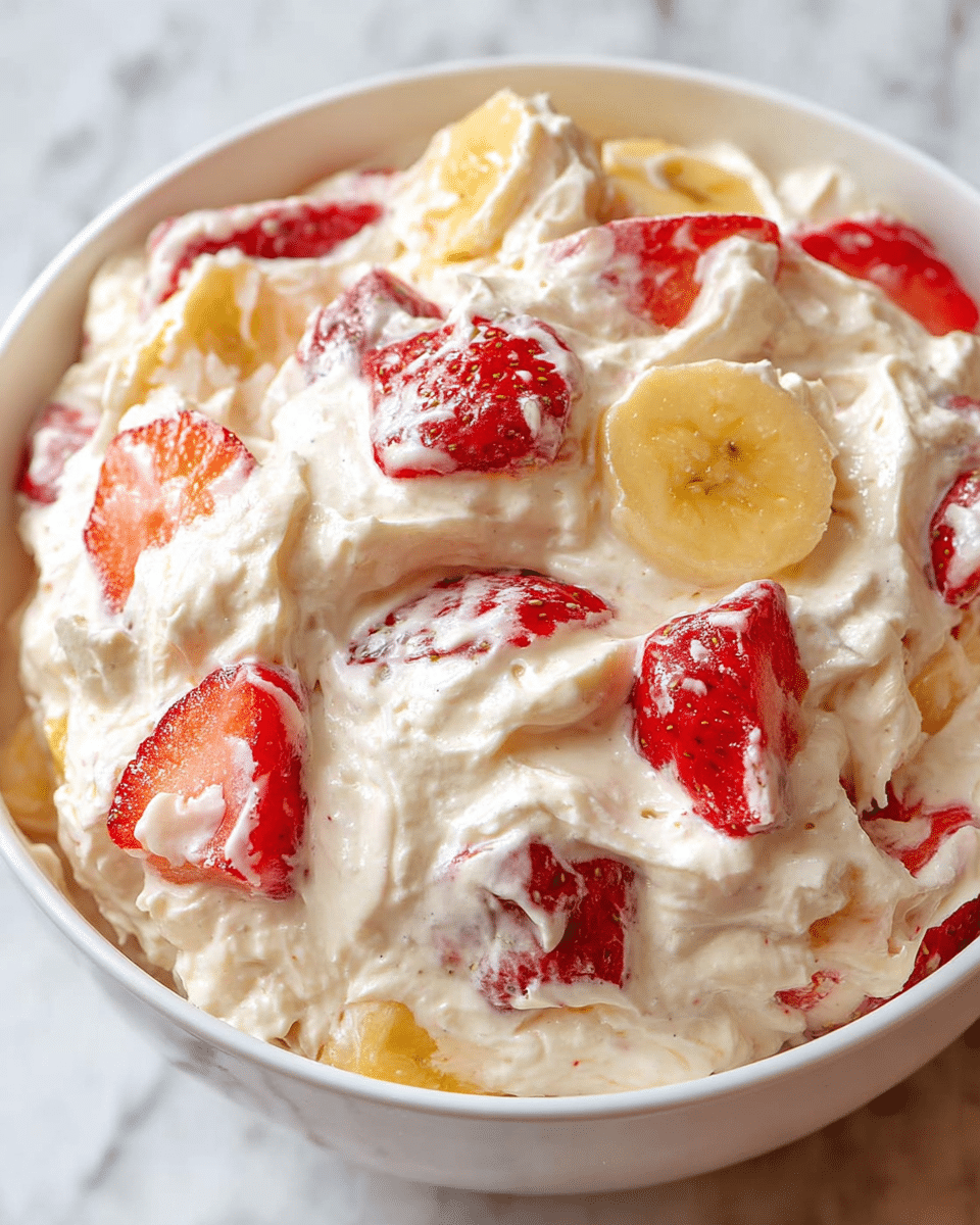 A close-up view of a white bowl filled with a creamy dessert that has thick, smooth, off-white whipped cream as the main layer. Mixed within the cream, there are visible chunks of red strawberries and yellow banana slices evenly spread throughout. The strawberries show their seeds and juicy red texture, while the bananas have a soft, slightly translucent look. The bowl sits on a white marbled surface. photo taken with an iphone --ar 4:5 --v 7
