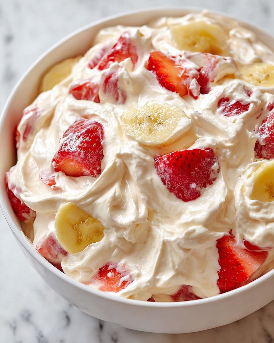 A close-up view of a white bowl filled with a creamy fruit salad. The dish consists of a thick white whipped cream layer mixed evenly with slices of red strawberries and yellow bananas. The fruits are partly covered by the creamy texture, showing bright red and soft yellow pieces scattered throughout the smooth and fluffy white base. The bowl sits on a white marbled surface, emphasizing the fresh and light look of the dessert. photo taken with an iphone --ar 4:5 --v 7