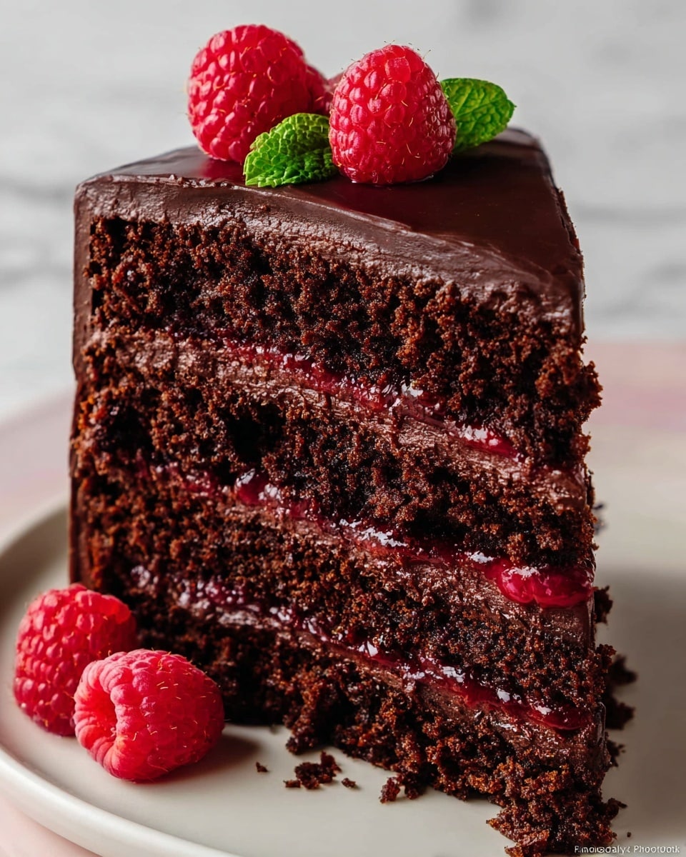 The image shows a two-layer round chocolate cake covered in smooth, shiny dark chocolate frosting with soft swirls all around. On top of the cake, there is a small bunch of bright red raspberries with fresh green mint leaves in the center. Two raspberries with mint are placed at the base of the cake on a white marble cake stand with a natural wooden pedestal. The background is a soft pink, and the cake sits on a textured wooden table with a folded dark red cloth and a vintage silver cake server next to it. Photo taken with an iphone --ar 4:5 --v 7