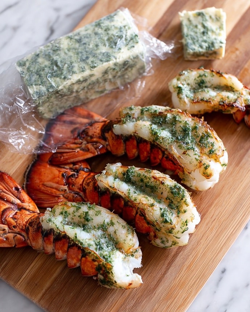 The image shows grilled lobster tails with their shells acting as a natural base. Each tail has a thick white layer of lobster meat, slightly charred around the edges, topped with a spread of bright green herb butter, which appears creamy and finely textured. The lobster shell is rich orange with grill marks and some charring that enhances the cooked look. The grill's black bars are visible beneath the lobster pieces, adding contrast to the colors of the food. The overall scene gives a fresh and appetizing feeling with a focus on the rich, creamy texture of the lobster meat and the vibrant green topping. Photo taken with an iphone --ar 4:5 --v 7
