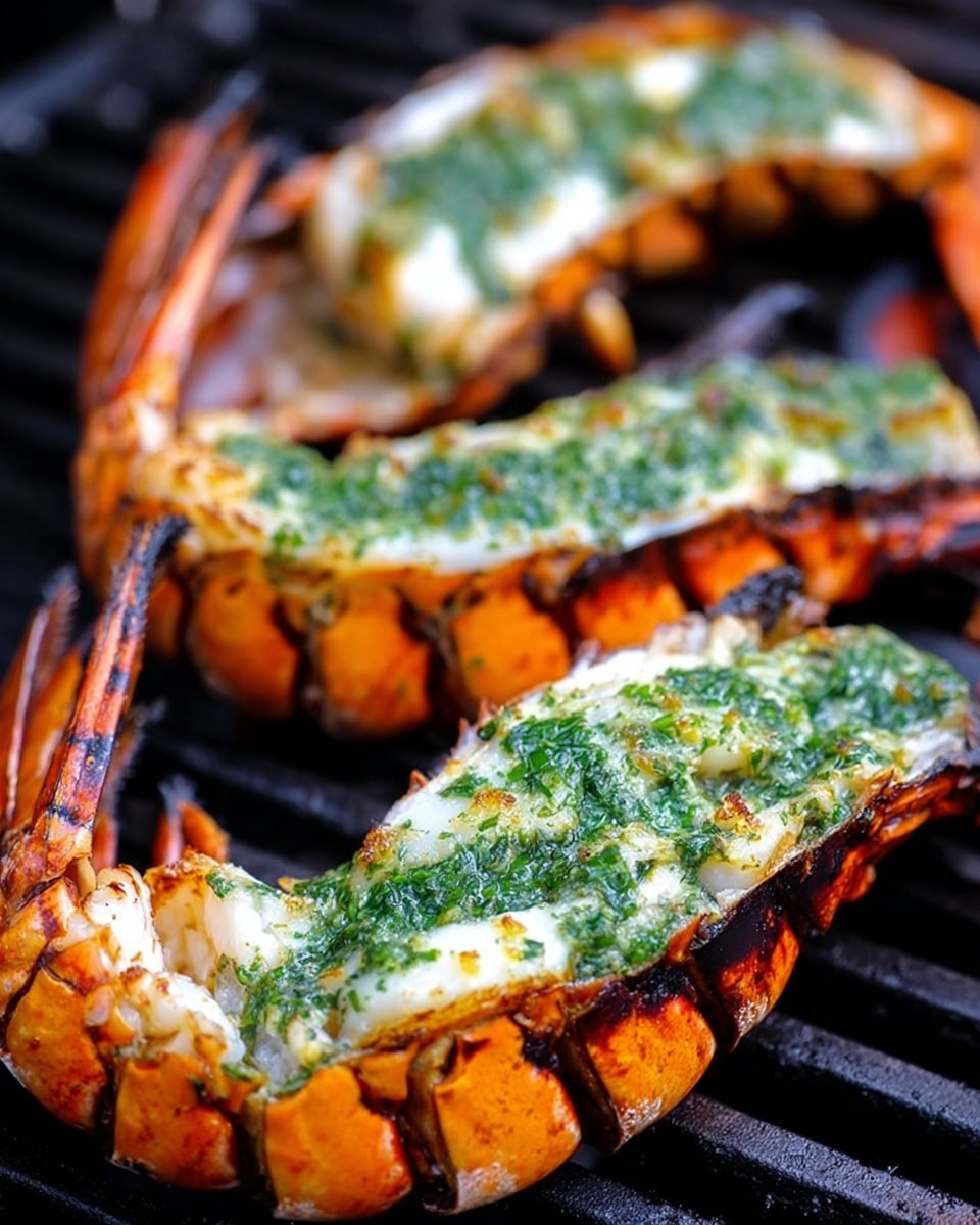 Four grilled lobster tails with a slightly charred orange shell and white, firm cooked meat are placed on a wooden cutting board. Each lobster tail is topped with a bright green herb butter sauce that adds texture and color contrast on the white meat. In the upper part of the image, there is a roll of herb butter wrapped in clear plastic wrap, showing a creamy light green texture speckled with darker green herbs. One small slice of herb butter is cut and placed near the roll. The wooden cutting board sits on a white marbled surface, creating a clean background. Photo taken with an iphone --ar 4:5 --v 7