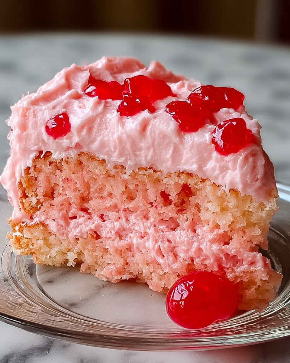 A single slice of pink cake sits on a white plate, showing one thick layer of moist, bright pink crumb with a slightly darker brown crust at the base. On top, there is a smooth, creamy white frosting layer, spread unevenly and dripping slightly on one side. The frosting is sprinkled with small golden crumb pieces, adding texture and contrast to the soft cake and frosting. The plate is positioned on a white marbled surface with a faint checkered cloth visible beneath. Photo taken with an iphone --ar 4:5 --v 7