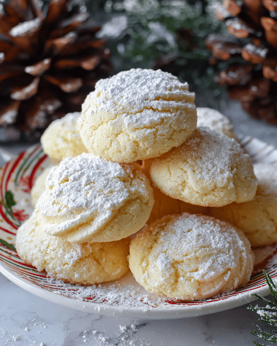 A stack of round, soft-looking light yellow cookies with a slightly cracked surface sits on a white plate with red and green stripes. Each cookie is covered with a dusting of white powdered sugar, giving them a fluffy, snow-like appearance. The plate is surrounded by brown pinecones and green pine needles, all resting on a white marbled surface that has some scattered powdered sugar. The cookies have a gentle swirl texture on top, making them look delicate and crumbly. photo taken with an iphone --ar 4:5 --v 7