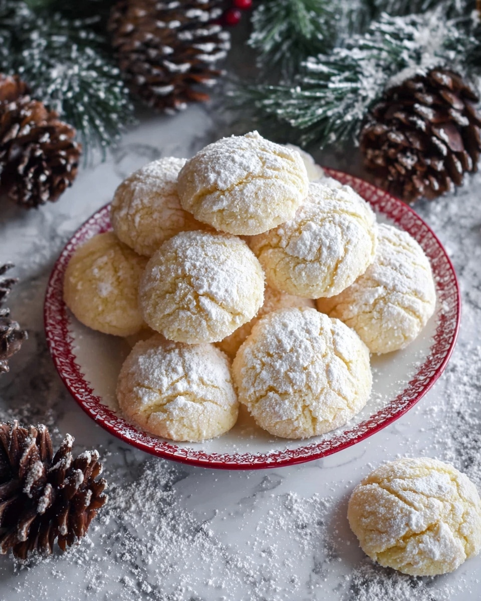 A white plate with a red rim holds a pile of round, pale yellow cookies covered with a fine dusting of powdered sugar. The cookies have a slightly cracked surface texture. Around the plate, there are brown pine cones scattered on a white marbled textured surface, which is also sprinkled with powdered sugar, giving a snowy effect. Some green pine branches with a light dusting of powdered sugar are visible near the top edge, adding a festive feel. One cookie is placed separately on the surface near the bottom right of the plate. photo taken with an iphone --ar 4:5 --v 7