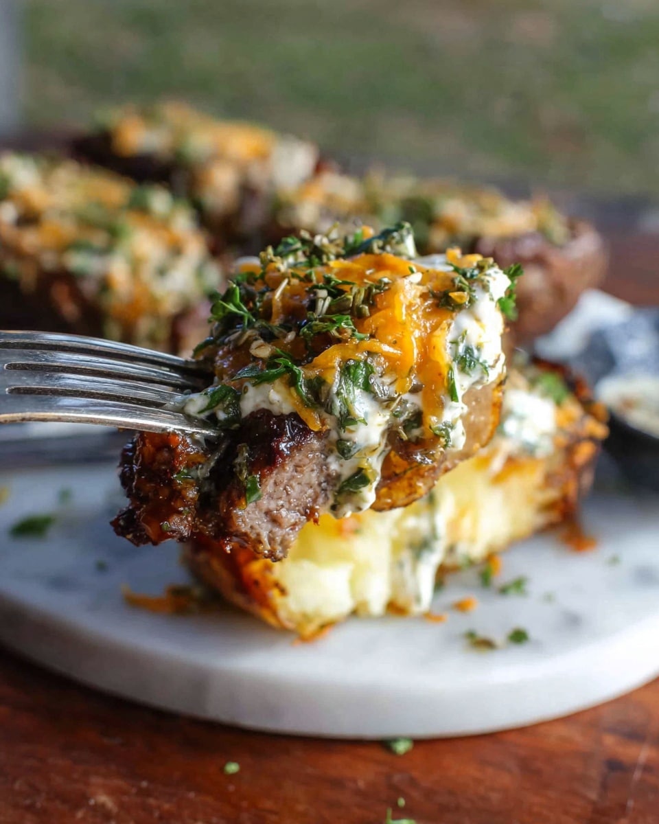 A close-up of a fork holding a bite of a layered dish showing a crispy golden brown potato layer at the bottom, topped with browned meat pieces that have a slight char, sprinkled with melted shredded orange cheese. On top is a creamy white sauce mixed with green herbs and small leafy pieces, giving a fresh contrast. The background shows more of the same dish in soft focus, placed on a white marbled surface. photo taken with an iphone --ar 4:5 --v 7