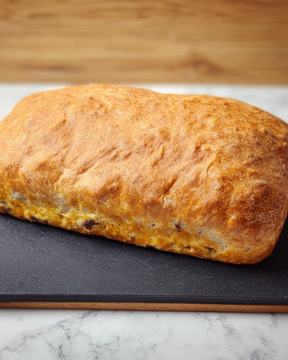 The image shows a rectangular shaped golden brown baked bread loaf with a slightly rough texture and some darker spots on the surface. The bread has a light crust that appears soft with some air bubbles visible beneath the surface. It is placed on a dark serving board, which is on a white marbled surface. The background has a light wooden texture, adding warmth to the scene. photo taken with an iphone --ar 4:5 --v 7
