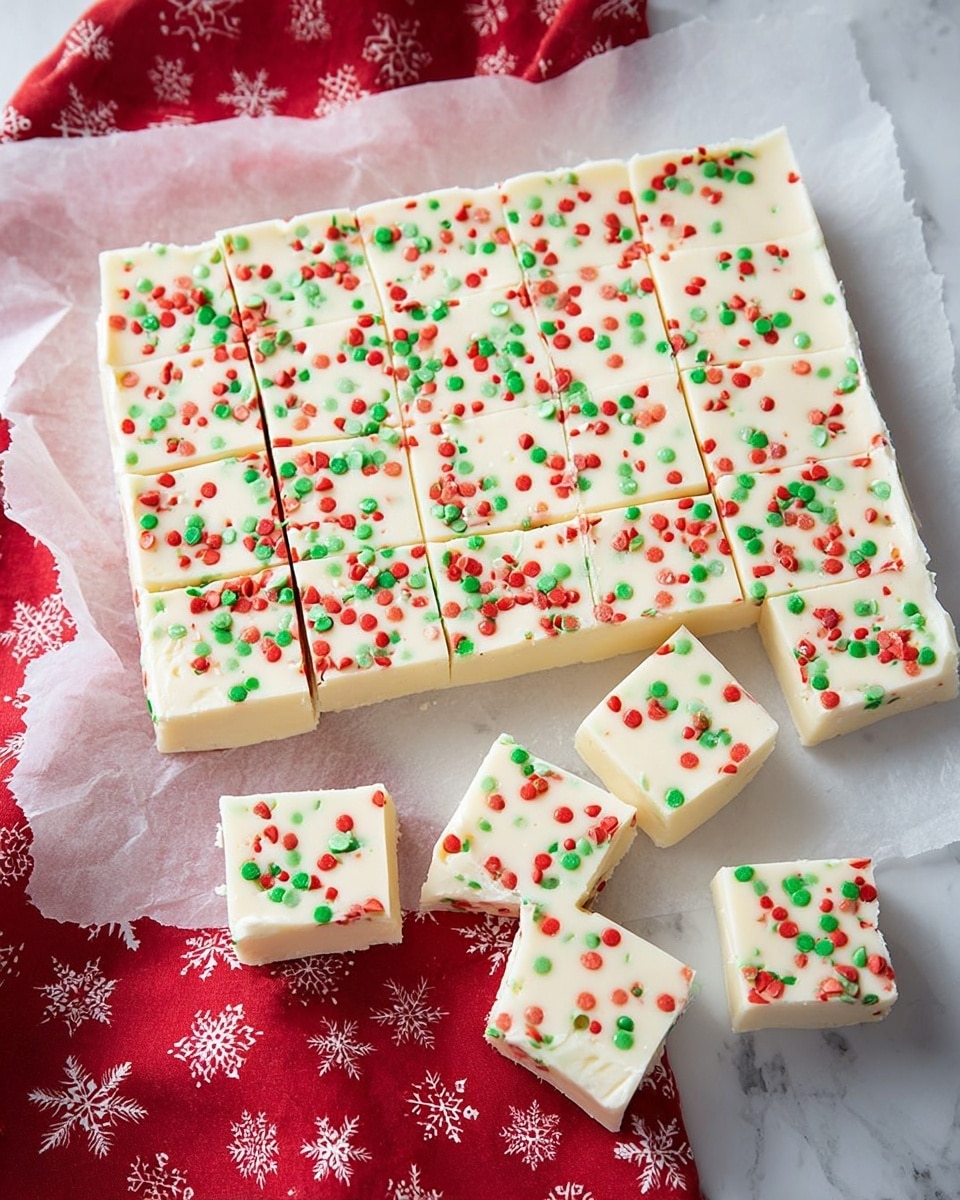 The image shows a large rectangular sheet of white fudge with bright red, green, and white round sprinkles scattered evenly on top. The fudge is cut into 24 squares, arranged in a 4 by 6 grid. Five pieces are separated and placed below the main sheet. The texture of the fudge looks smooth and creamy, with the colorful sprinkles adding a festive look. The fudge is on white parchment paper, which lies on a white marbled surface, with a red cloth that has white snowflake patterns partially visible at the bottom. Photo taken with an iphone --ar 4:5 --v 7