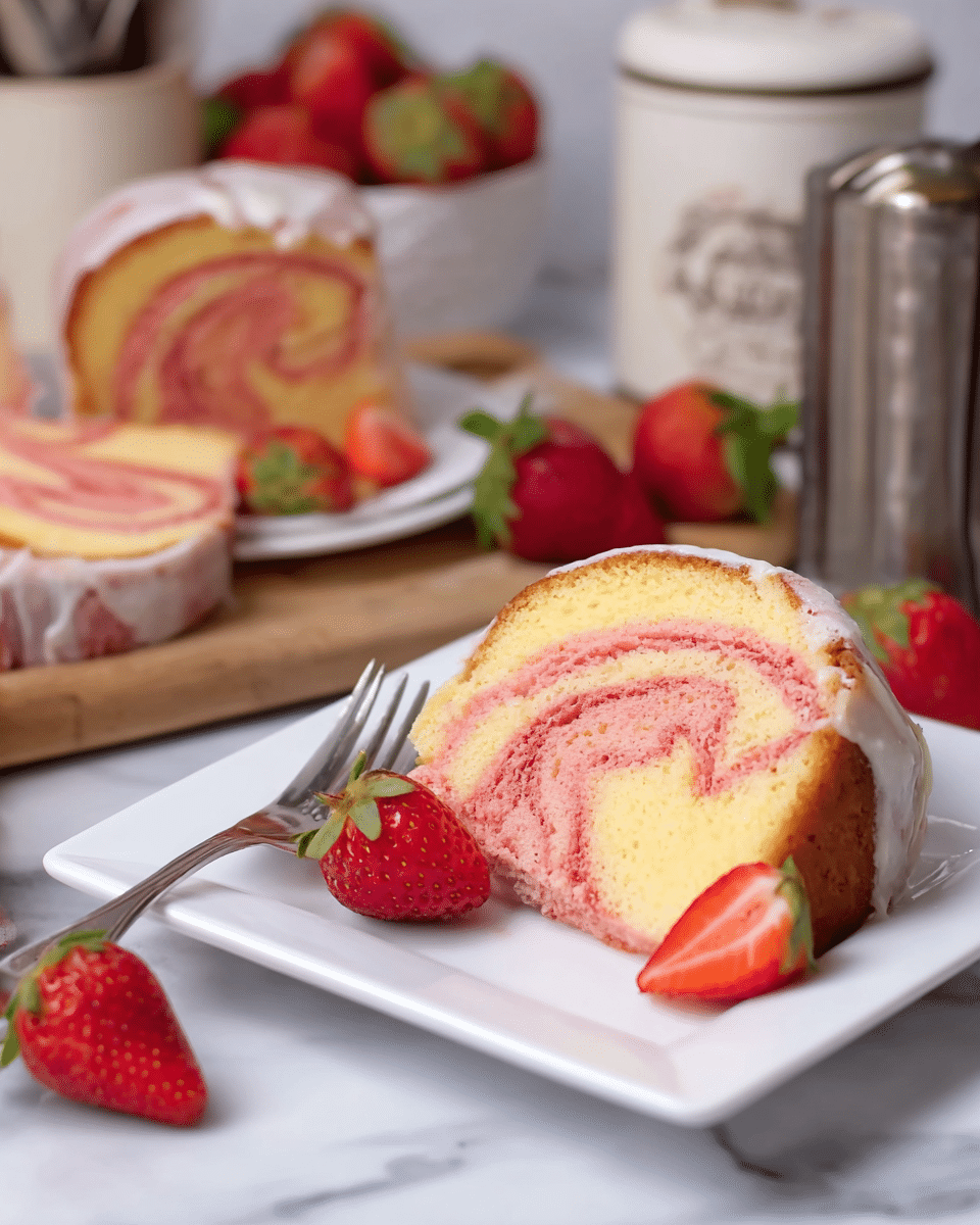 A single slice of pink and yellow swirl cake with a smooth white icing layer on the outside, placed on a white square plate. The cake slice is on the right side of the plate, with the pink and yellow swirl clearly visible on top and inside the cake layers. Next to the cake on the plate are three red strawberries, one whole and two cut in half, showing their juicy texture and green leaves. A silver fork rests on the left side of the plate. In the background, more slices of the same pink and yellow swirl cake sit on a white plate, along with extra whole strawberries. The setting is on a white marbled surface with a white tin container and a silver cylindrical object to the right side. The photo taken with an iphone --ar 4:5 --v 7