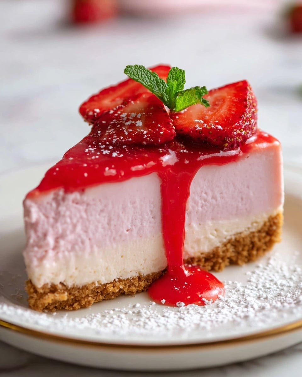 A close-up of a slice of cheesecake on a white plate with a thin gold rim, placed on a white marbled surface. The cheesecake has three visible layers: at the bottom, a crumbly light brown crust; in the middle, a thick light pink creamy layer with a smooth texture; on top, a shiny bright red strawberry sauce dripping down the sides. The slice is garnished with two fresh red strawberry halves and a small green mint leaf on top, and there is a light dusting of white powdered sugar around the plate near the slice. photo taken with an iphone --ar 4:5 --v 7
