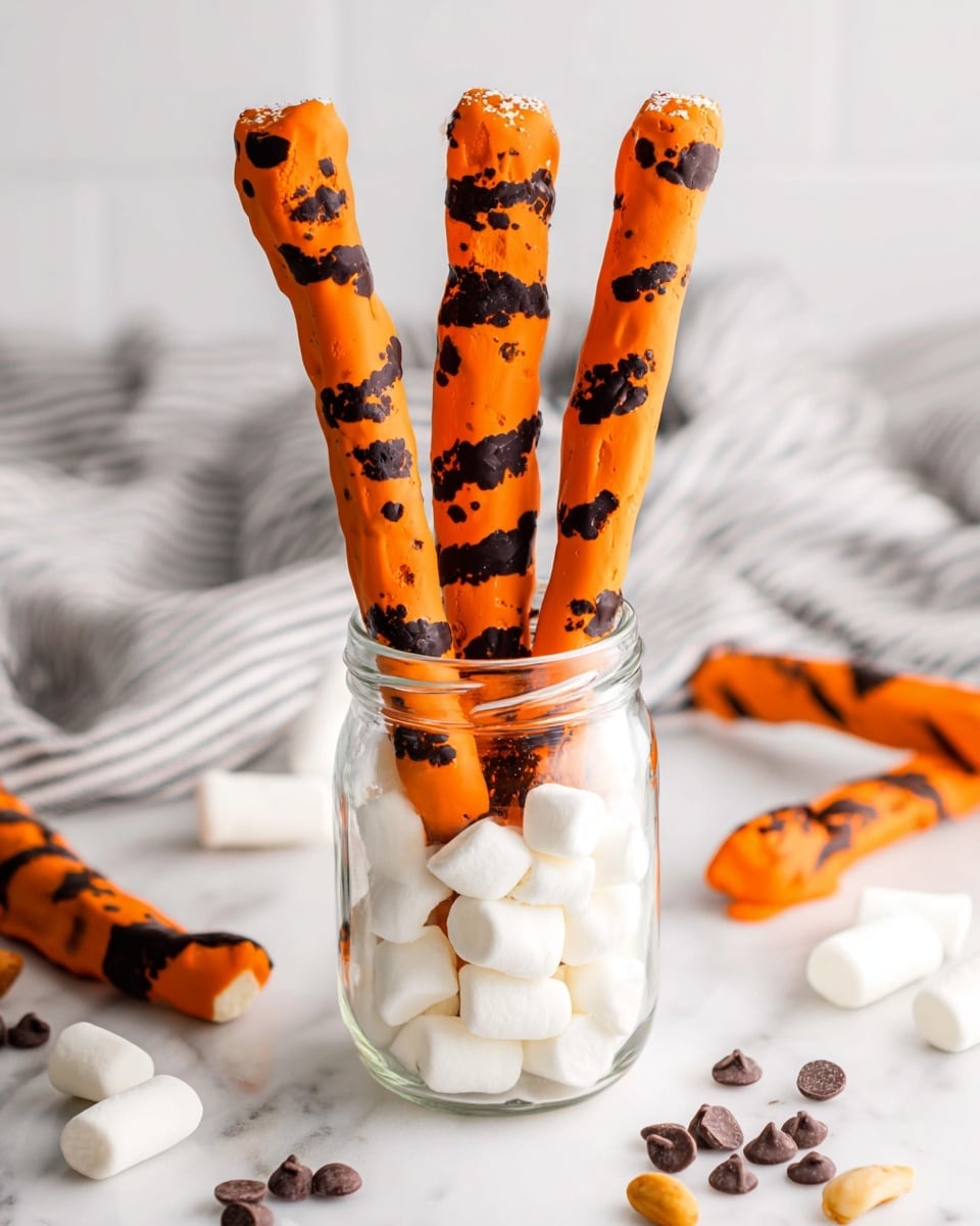 Three orange coated treats with black chocolate stripes lay on a white marbled surface, two whole and one bitten to show the inside, which has a white fluffy marshmallow center surrounded by an orange crispy layer. The bitten one rests on top of three white marshmallows arranged in a row. In the background, there is a clear jar filled with white mini marshmallows, some scattered mini hazelnuts, and other whole marshmallows blurred softly. photo taken with an iphone --ar 4:5 --v 7