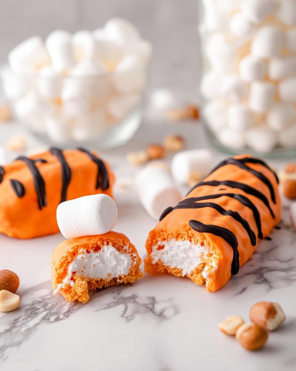 The image shows five marshmallow sticks covered in bright orange coating with irregular black stripes that look like tiger stripes. Three coated sticks stand vertically inside a clear glass jar filled with small white marshmallows. The orange coating is thick and glossy, with a slightly uneven texture and the black stripes have a melted chocolate look. Around the jar on a white marbled surface are plain white marshmallow sticks and some scattered chocolate chips and small round nuts. The background is soft white, with a striped cloth blurred out behind the jar. The photo taken with an iphone --ar 4:5 --v 7